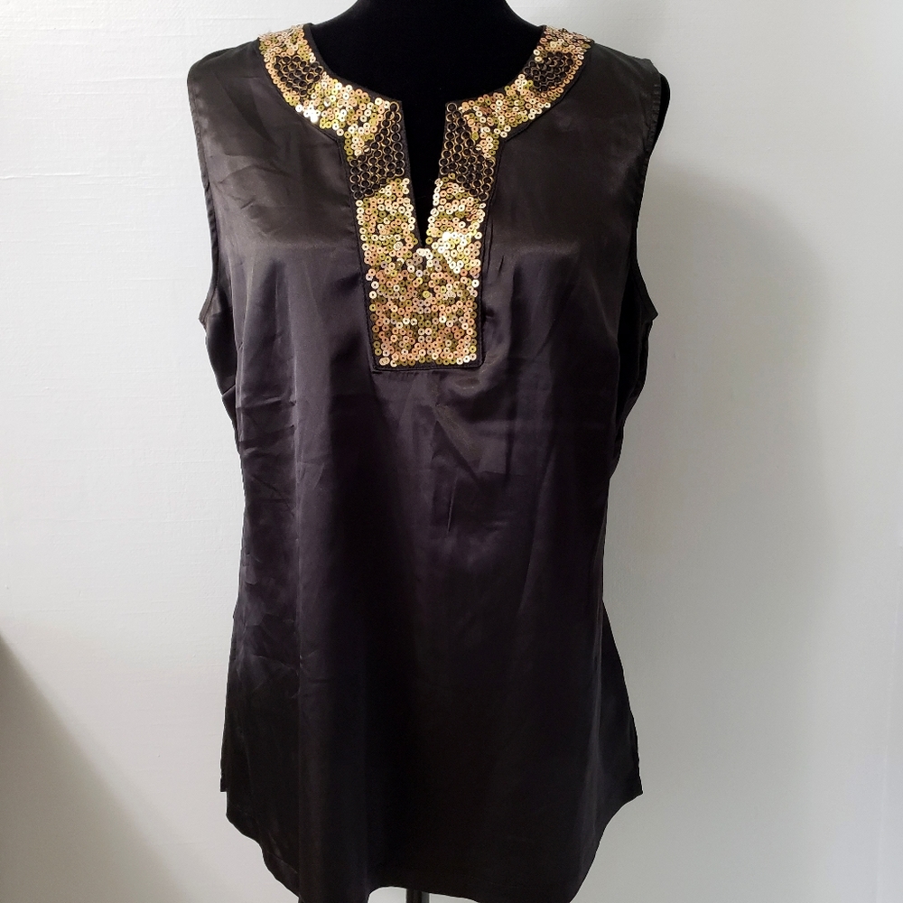 NWOT sleeveless black gold sequin tunic size Large evening party dress